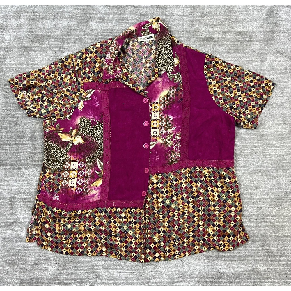 C.M. Shapes Blouse Womens 1X Purple Mixed Print Button Front Boho Lace Trim Top